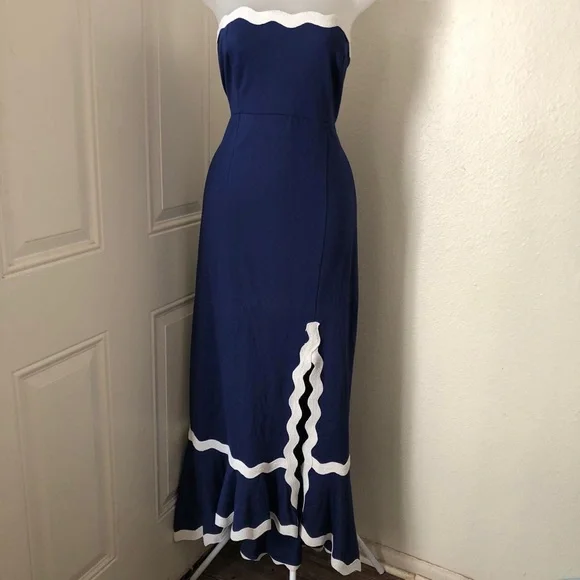 Navy Blue White tube strapless scallop edge long maxi dress with white trim slit - Picture 6 of 7